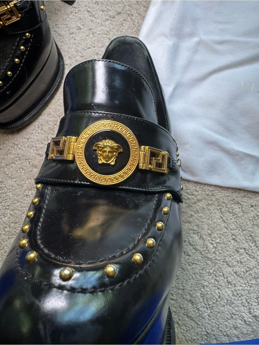 Versace Black Platform Gold Studded Loafer Platform Heels with Medallion